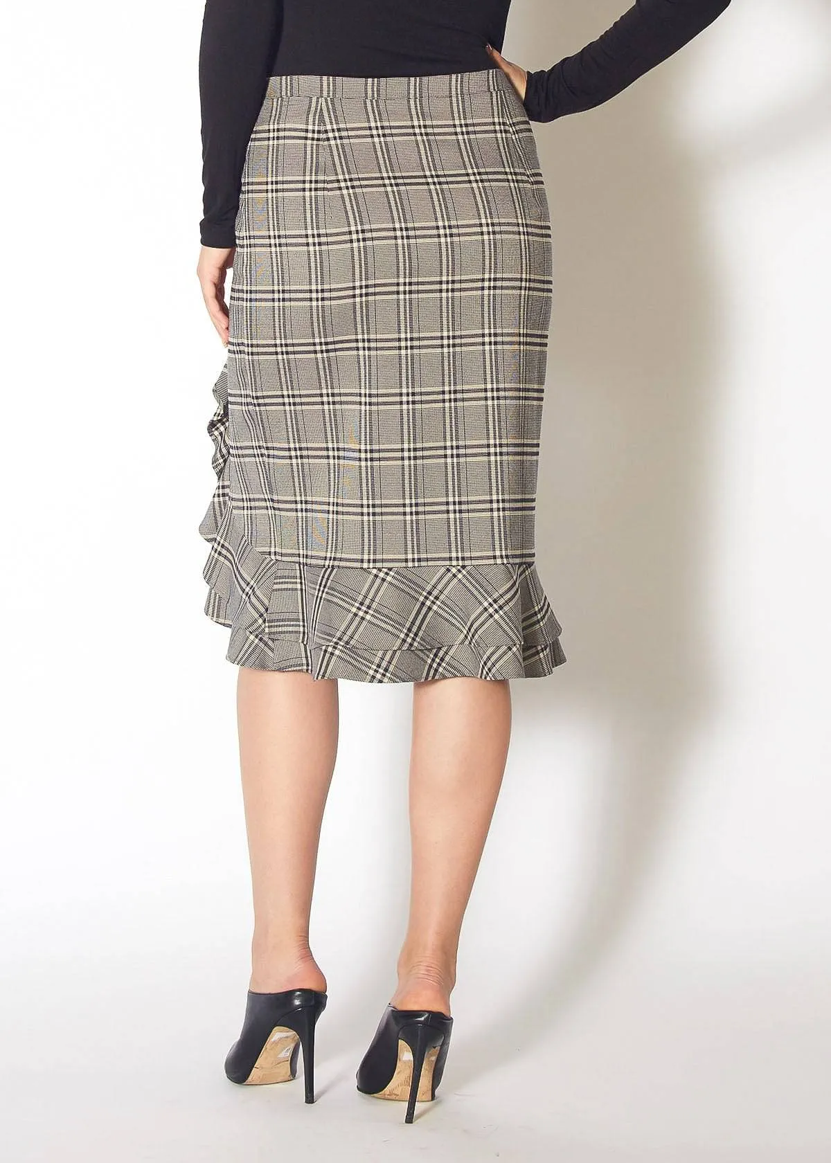 Women's Ruffle Trimmed Pencil Skirt in Black Plaid