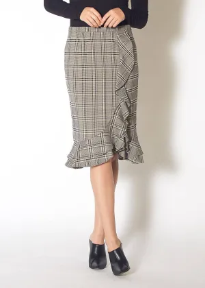 Women's Ruffle Trimmed Pencil Skirt in Black Plaid