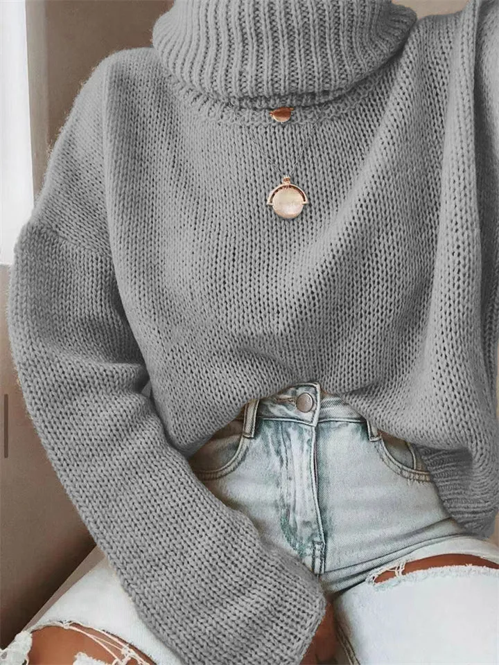 Women's Simple Turtleneck Pullover Knit Solid Color Sweater