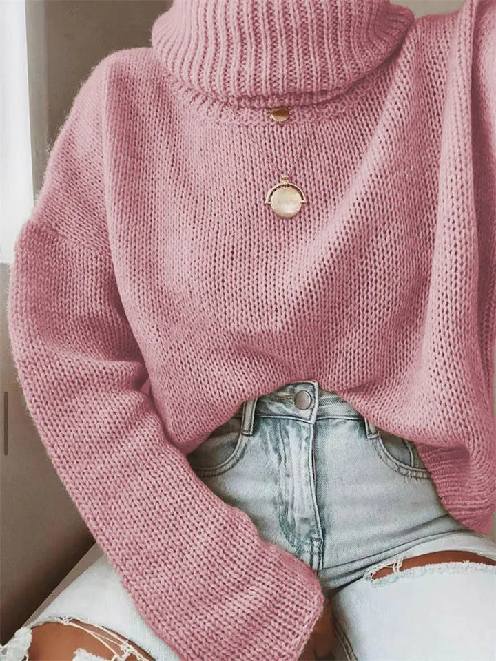 Women's Simple Turtleneck Pullover Knit Solid Color Sweater