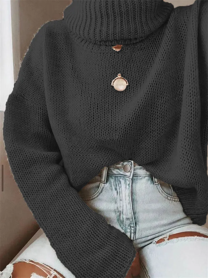 Women's Simple Turtleneck Pullover Knit Solid Color Sweater