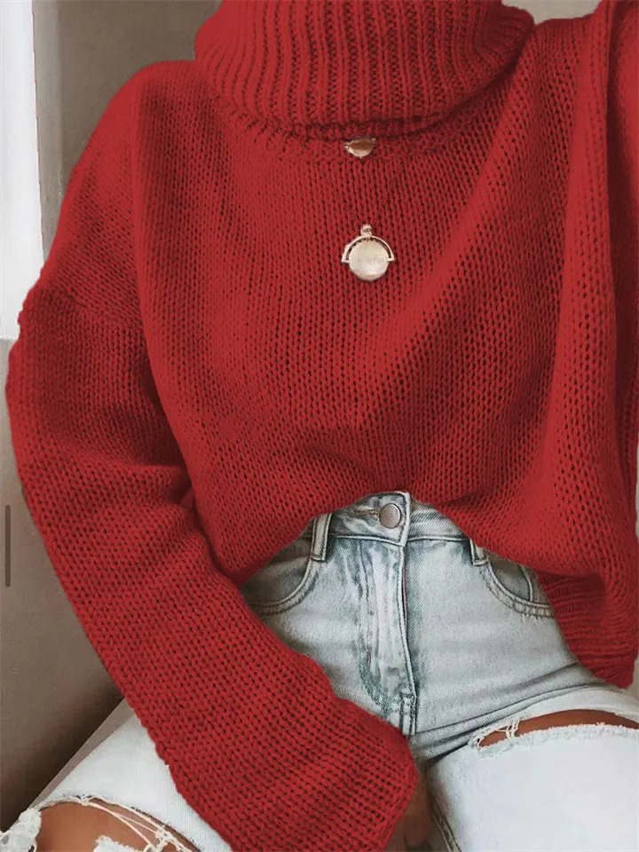 Women's Simple Turtleneck Pullover Knit Solid Color Sweater