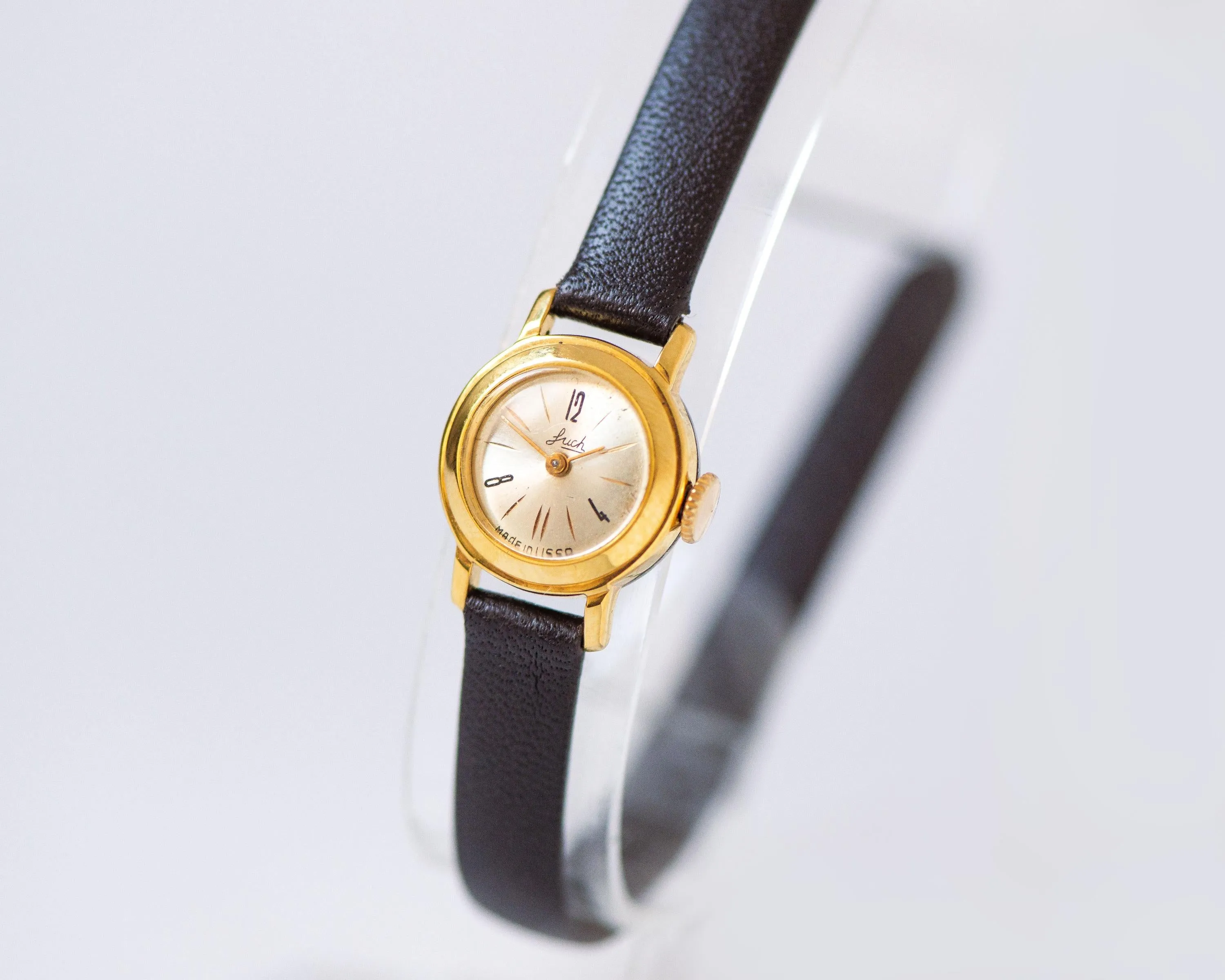 Women's watch smallest ever Ray, delicate round lady watch gold plated, limited edition tiny girl watch classic, new premium leather strap