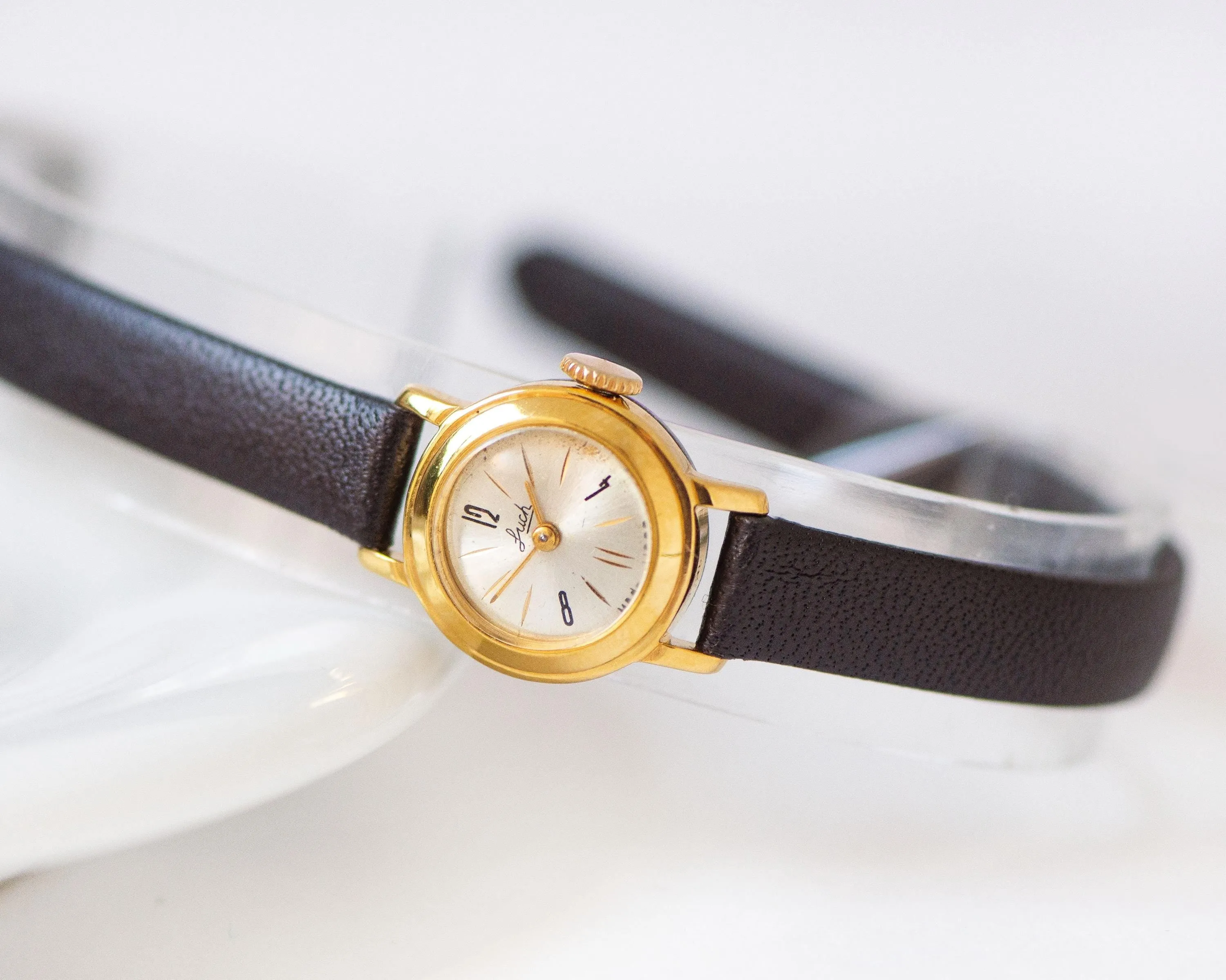 Women's watch smallest ever Ray, delicate round lady watch gold plated, limited edition tiny girl watch classic, new premium leather strap
