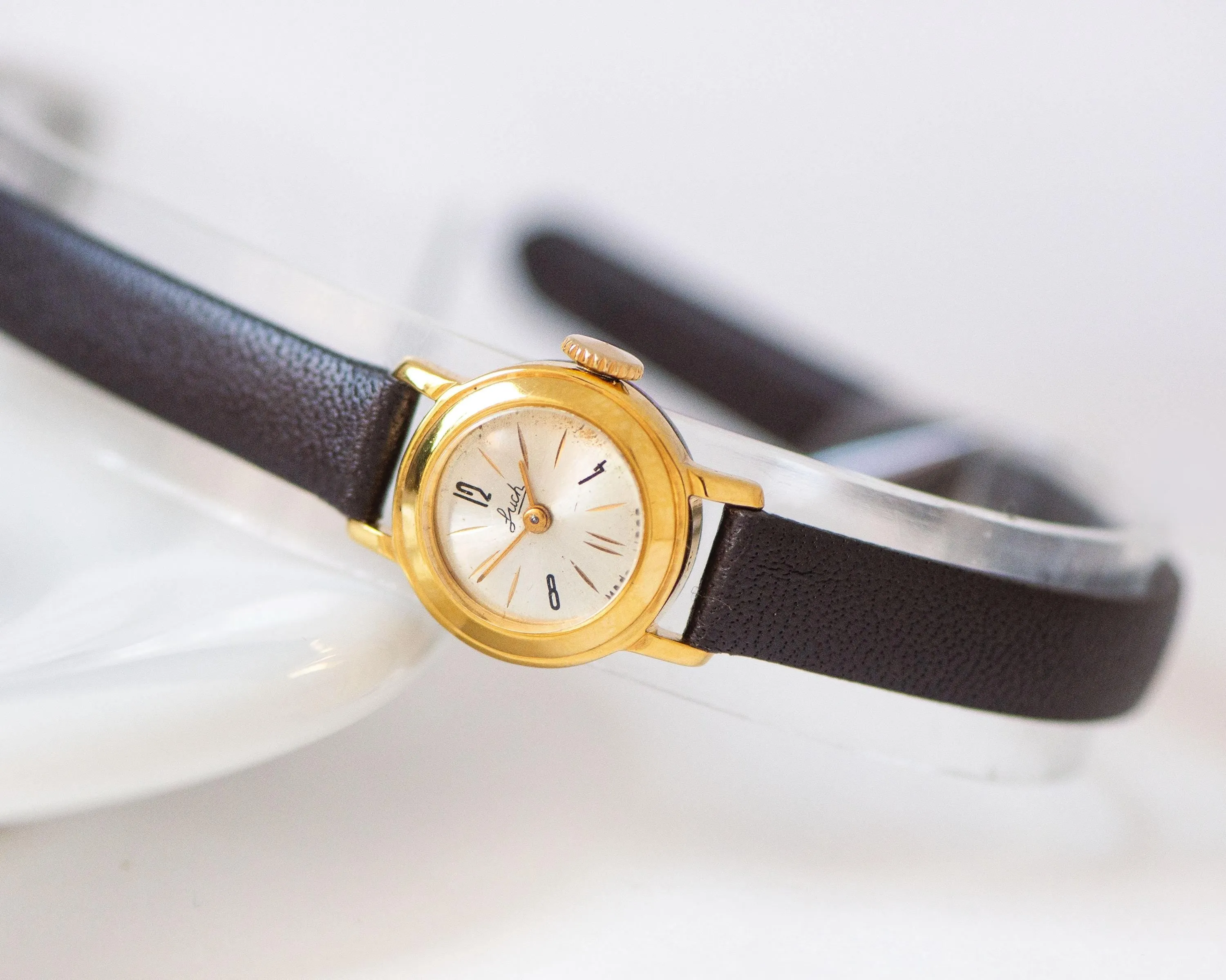 Women's watch smallest ever Ray, delicate round lady watch gold plated, limited edition tiny girl watch classic, new premium leather strap