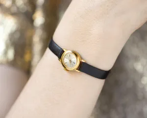 Women's watch smallest ever Ray, delicate round lady watch gold plated, limited edition tiny girl watch classic, new premium leather strap