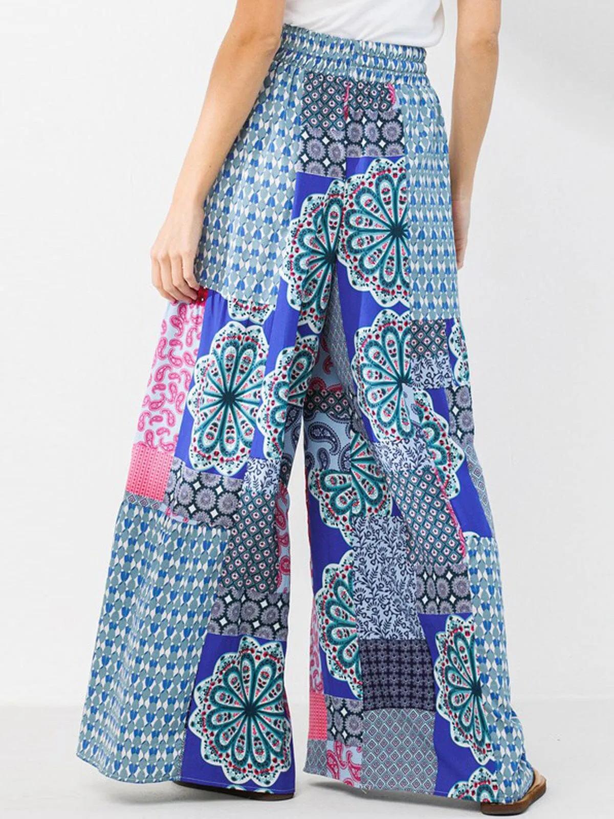 WOMEN'S WIDE LEG MULTI PRINT SELF TIE PANTS