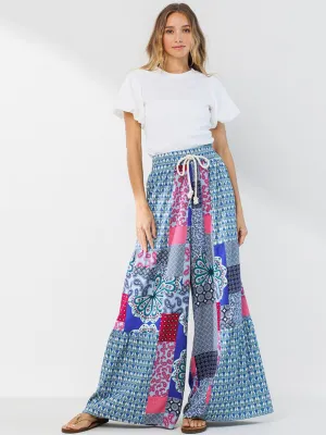 WOMEN'S WIDE LEG MULTI PRINT SELF TIE PANTS