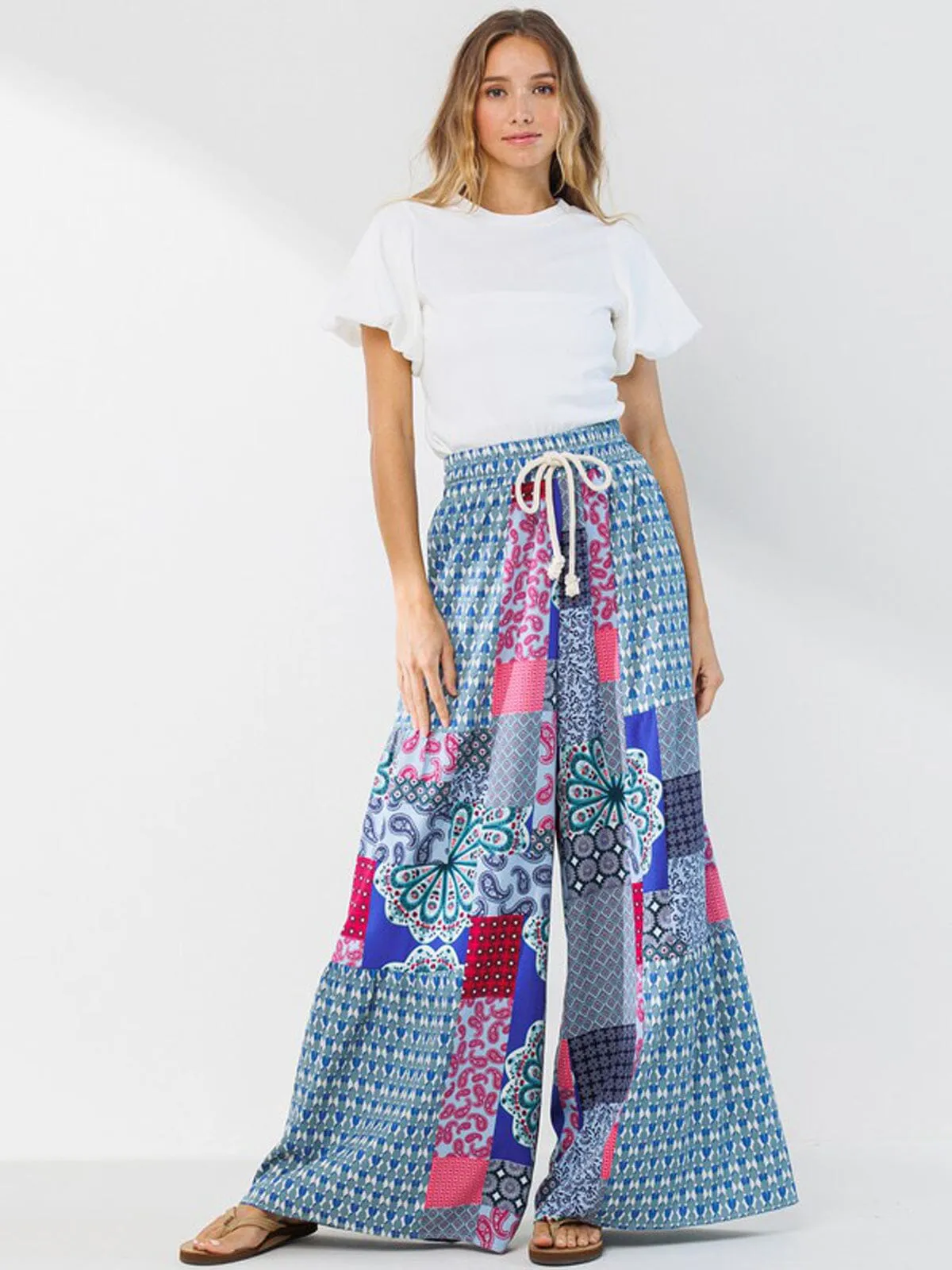 WOMEN'S WIDE LEG MULTI PRINT SELF TIE PANTS