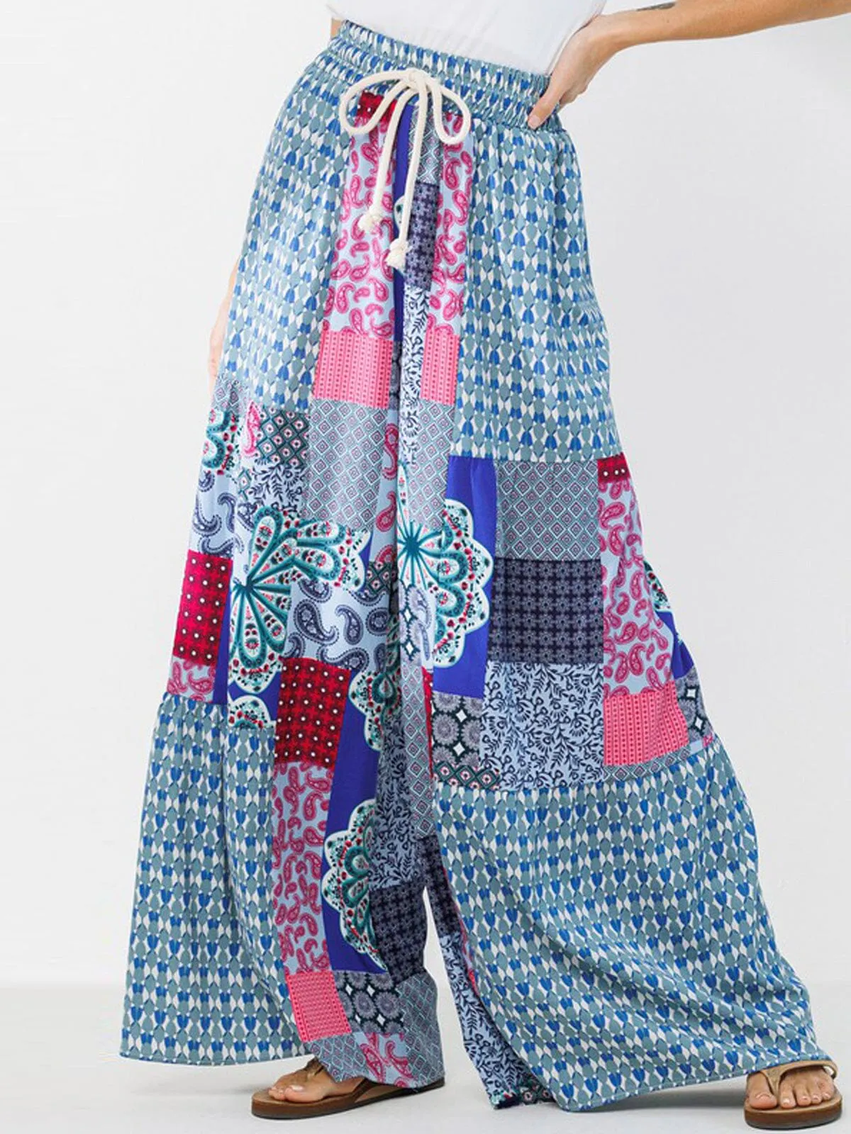 WOMEN'S WIDE LEG MULTI PRINT SELF TIE PANTS