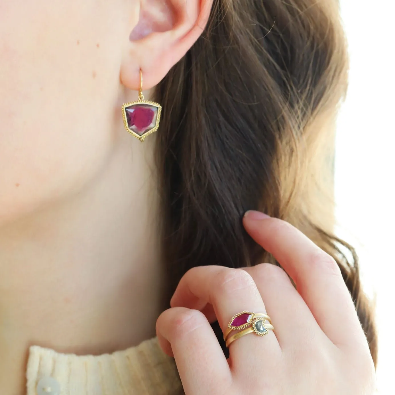 Woven Bezel-Set Hexagonal Ruby Slice Ring