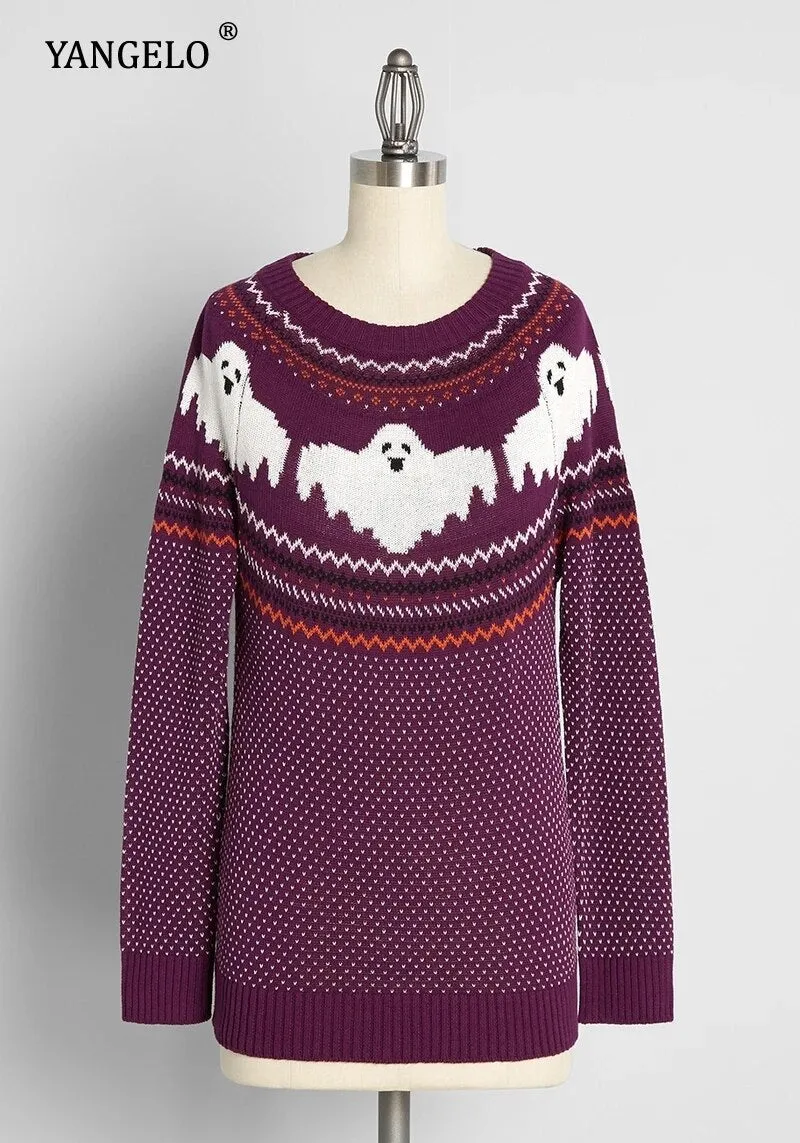 Y2k Sweaters Women Halloween's Clothes Gothic Ghost Knitted Pullover for Autumn Winter Purple Streetwear Girl's Top
