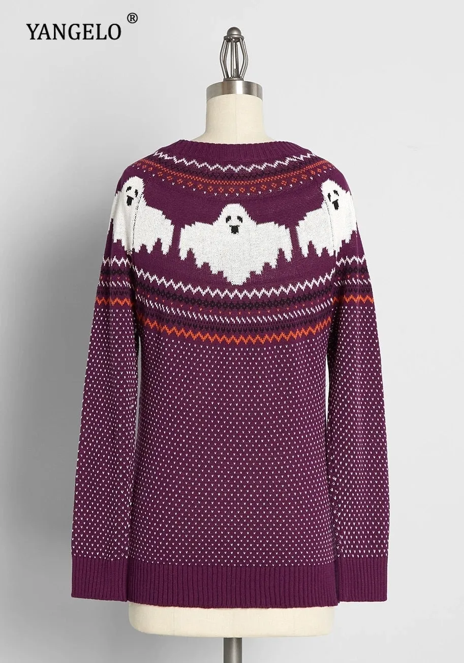 Y2k Sweaters Women Halloween's Clothes Gothic Ghost Knitted Pullover for Autumn Winter Purple Streetwear Girl's Top