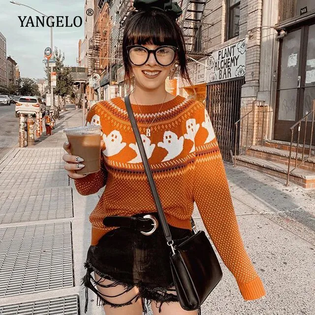 Y2k Sweaters Women Halloween's Clothes Gothic Ghost Knitted Pullover for Autumn Winter Purple Streetwear Girl's Top