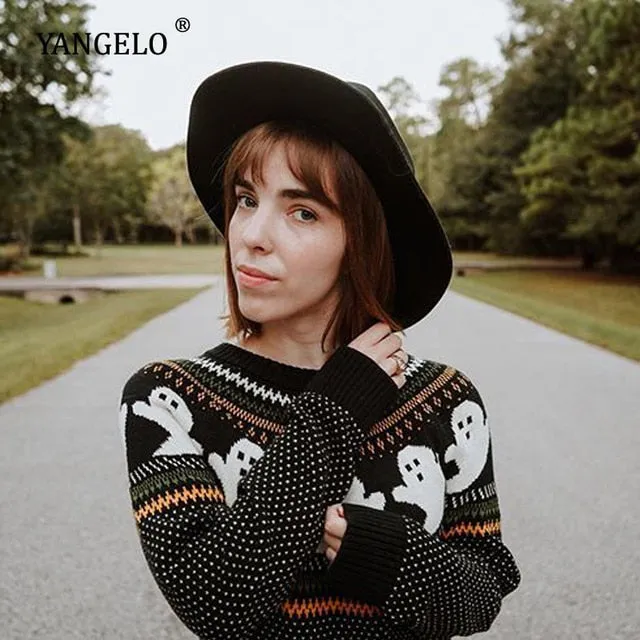 Y2k Sweaters Women Halloween's Clothes Gothic Ghost Knitted Pullover for Autumn Winter Purple Streetwear Girl's Top