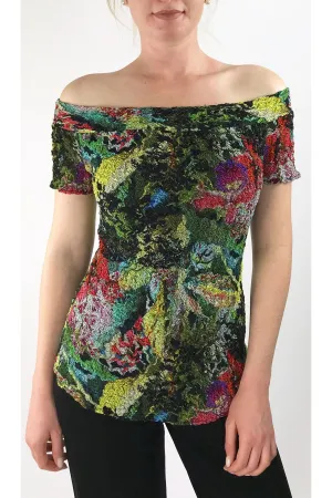 YULIA-G Off Shoulder Short Sleeve Puckered Print Top