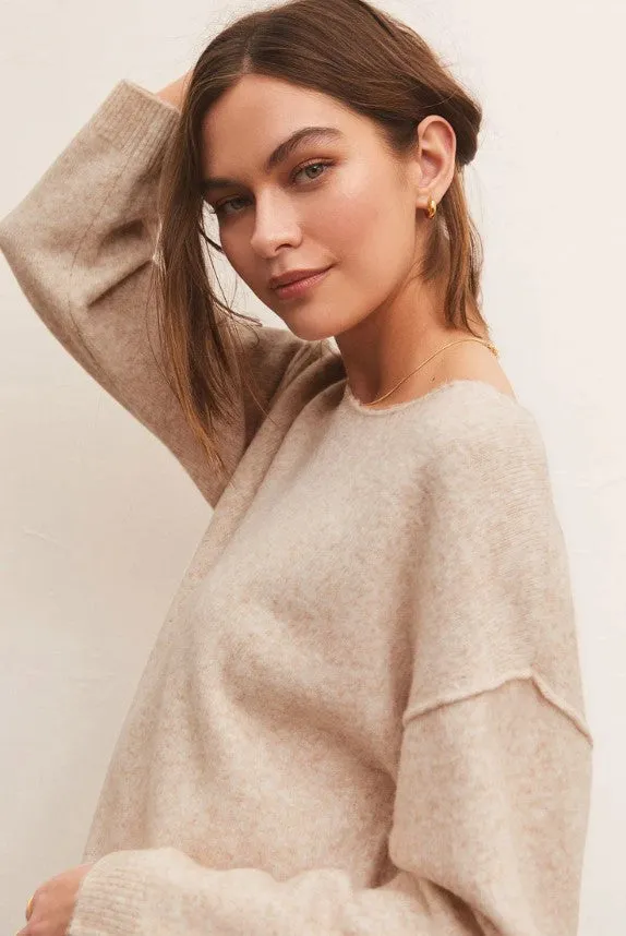 Z Supply Everyday Pullover Sweater, Oatmeal Heather/Calypso Green/Black