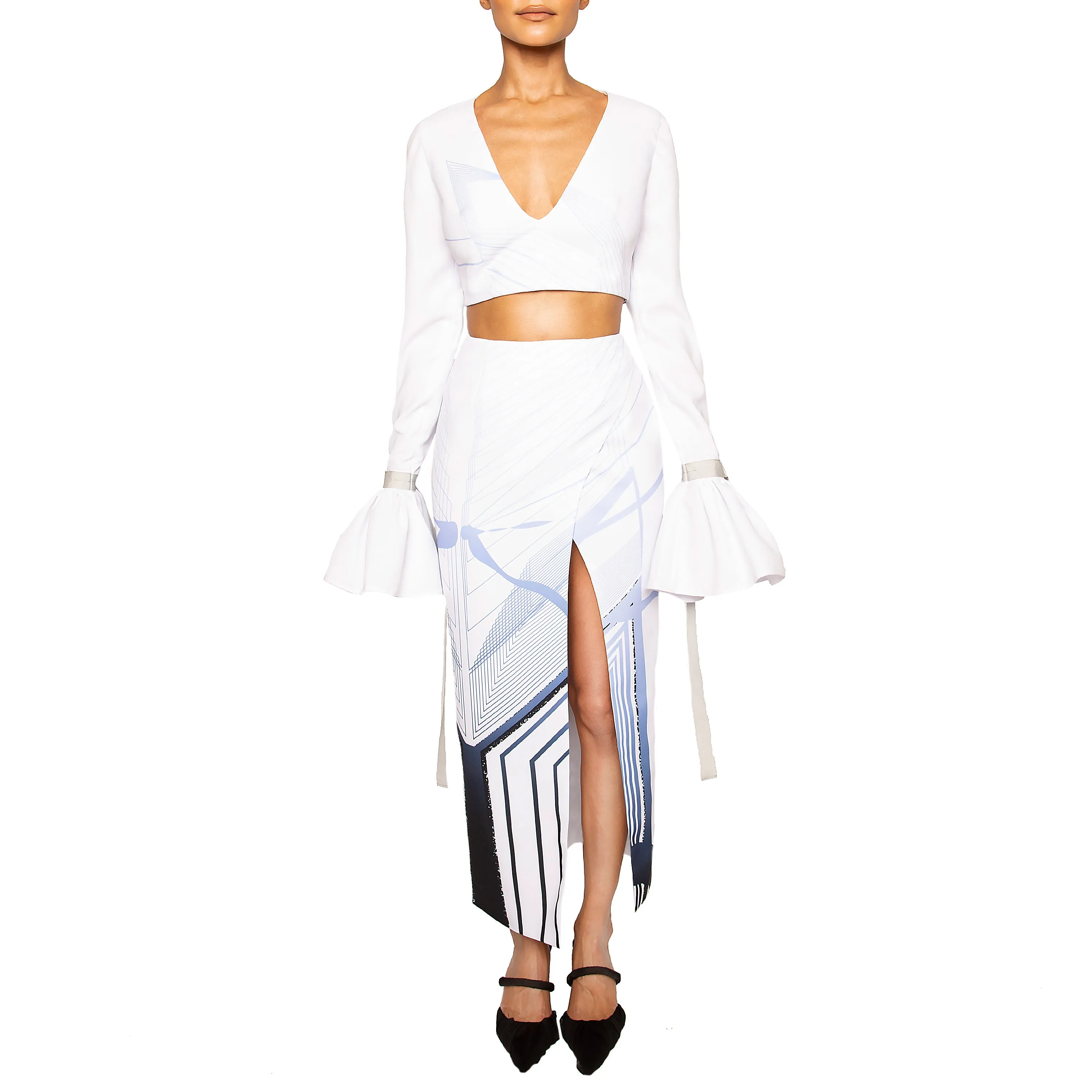 ZANE | High Waist Ankle Skirt in Blue and White Print
