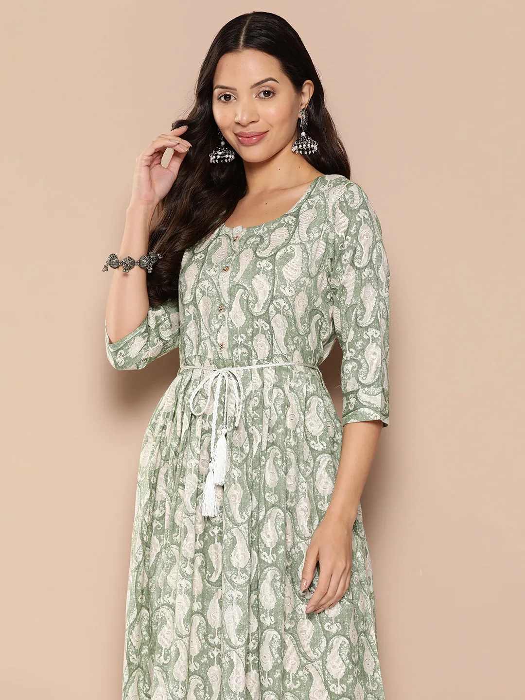 ZOLA Exclusive Round Neck Rayon All Over Paisley Print Green Fit & Flare Ethnic Dress For Women