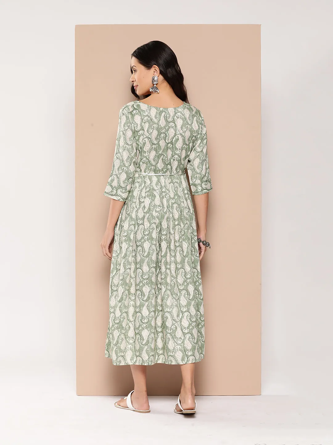 ZOLA Exclusive Round Neck Rayon All Over Paisley Print Green Fit & Flare Ethnic Dress For Women