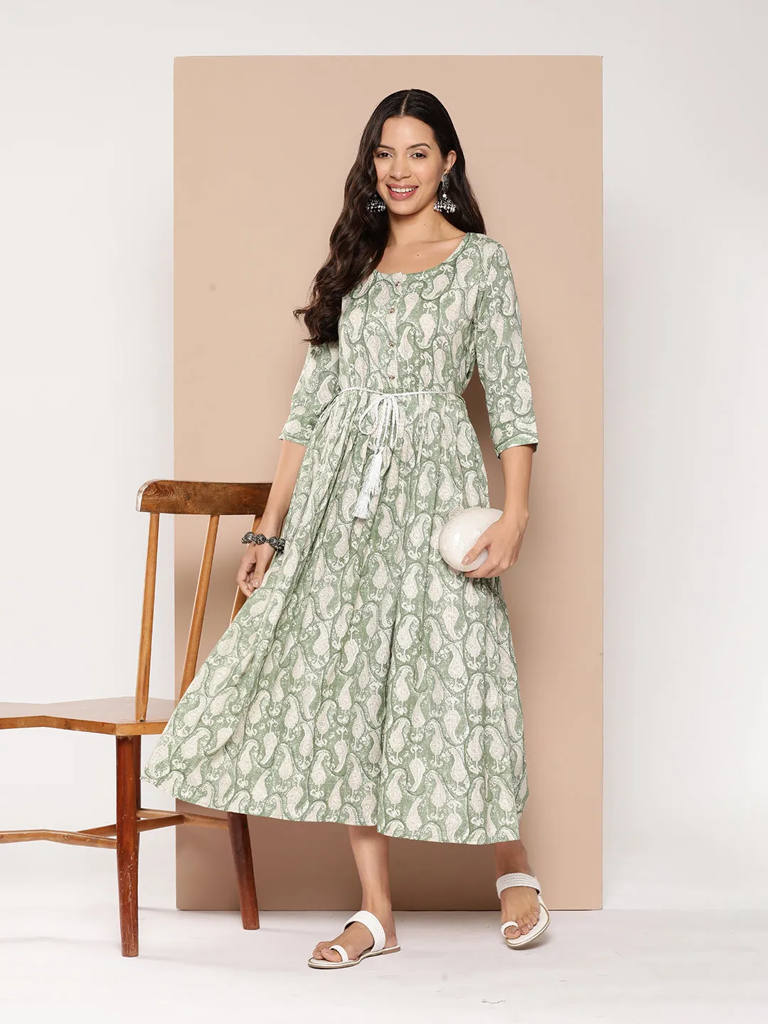 ZOLA Exclusive Round Neck Rayon All Over Paisley Print Green Fit & Flare Ethnic Dress For Women