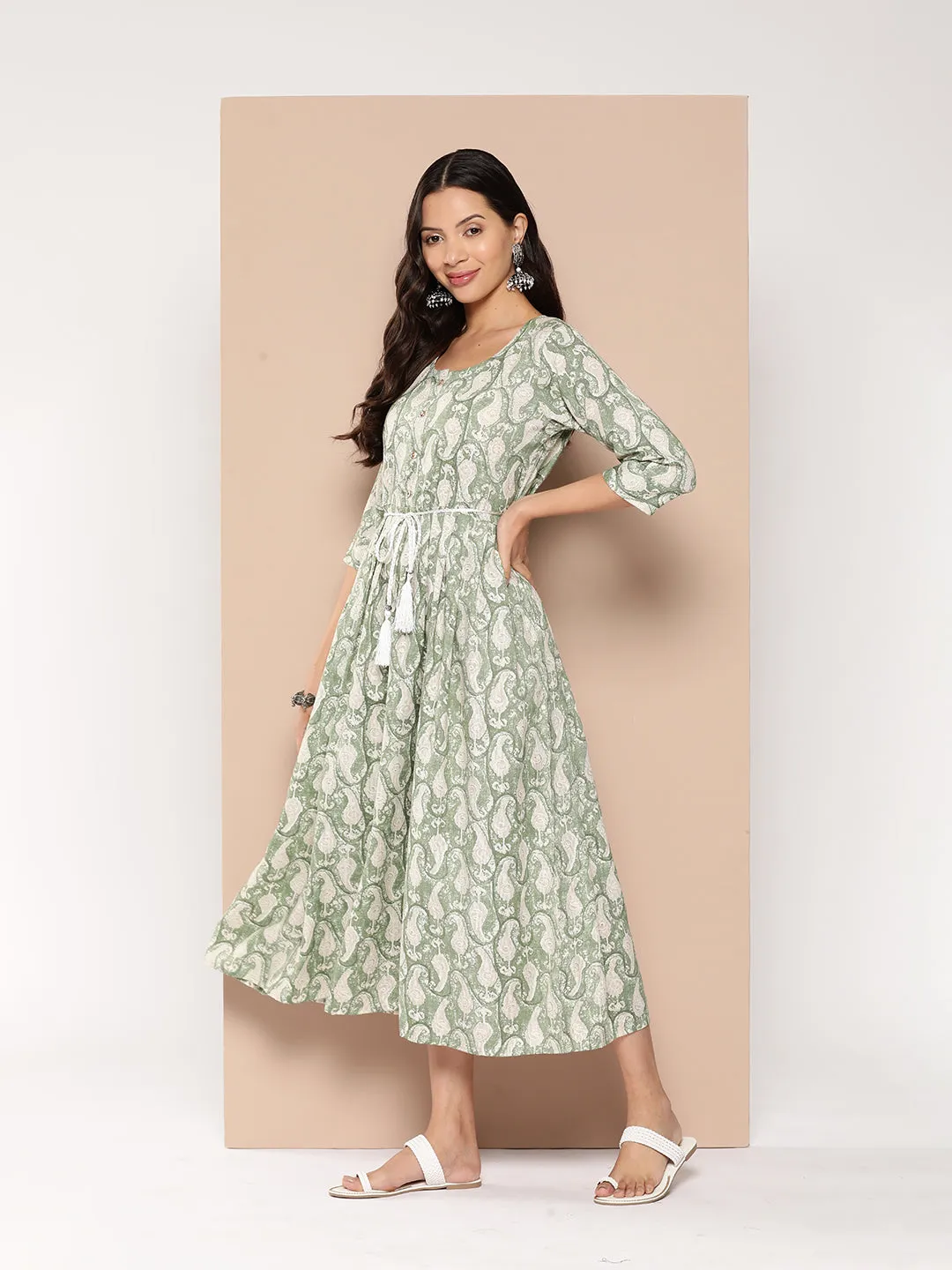 ZOLA Exclusive Round Neck Rayon All Over Paisley Print Green Fit & Flare Ethnic Dress For Women